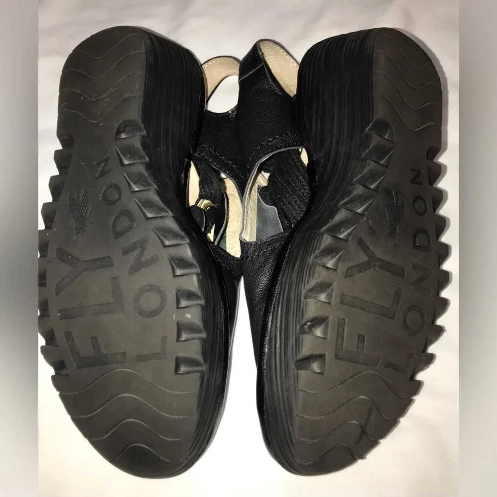 Fly London Yuta Black Lace Up Peep Toe Wedge Heel Sandals - Picture 5 of 8